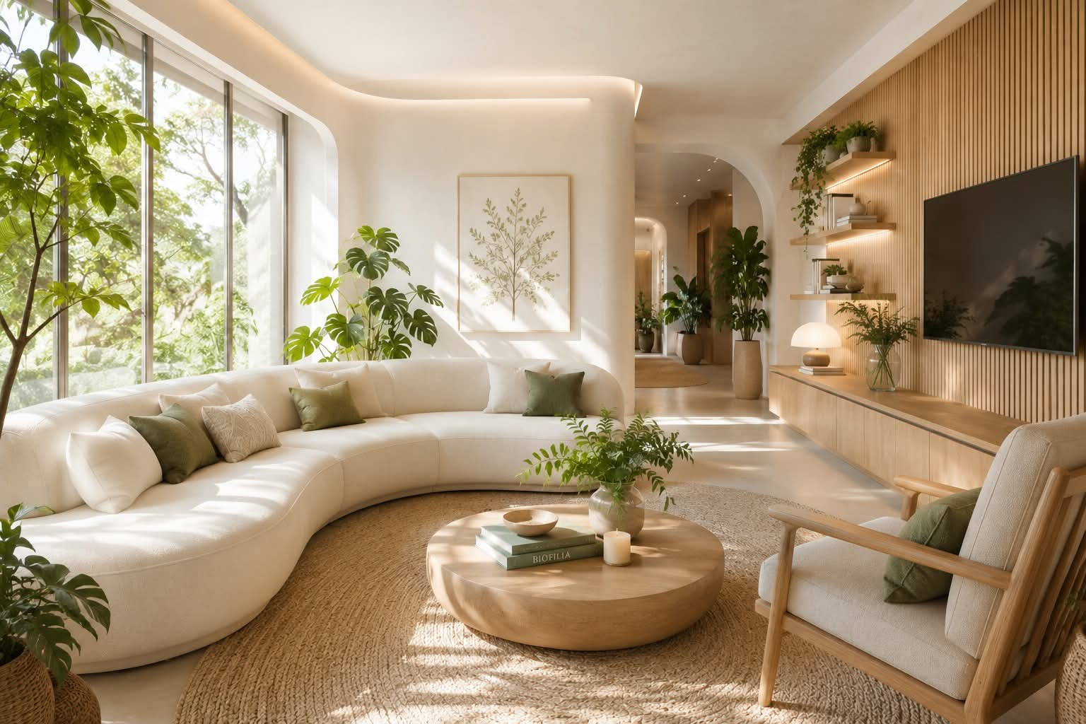Estudo 3D de sala de estar com vegetação, luz natural, marcenaria em madeira e tons neutros.